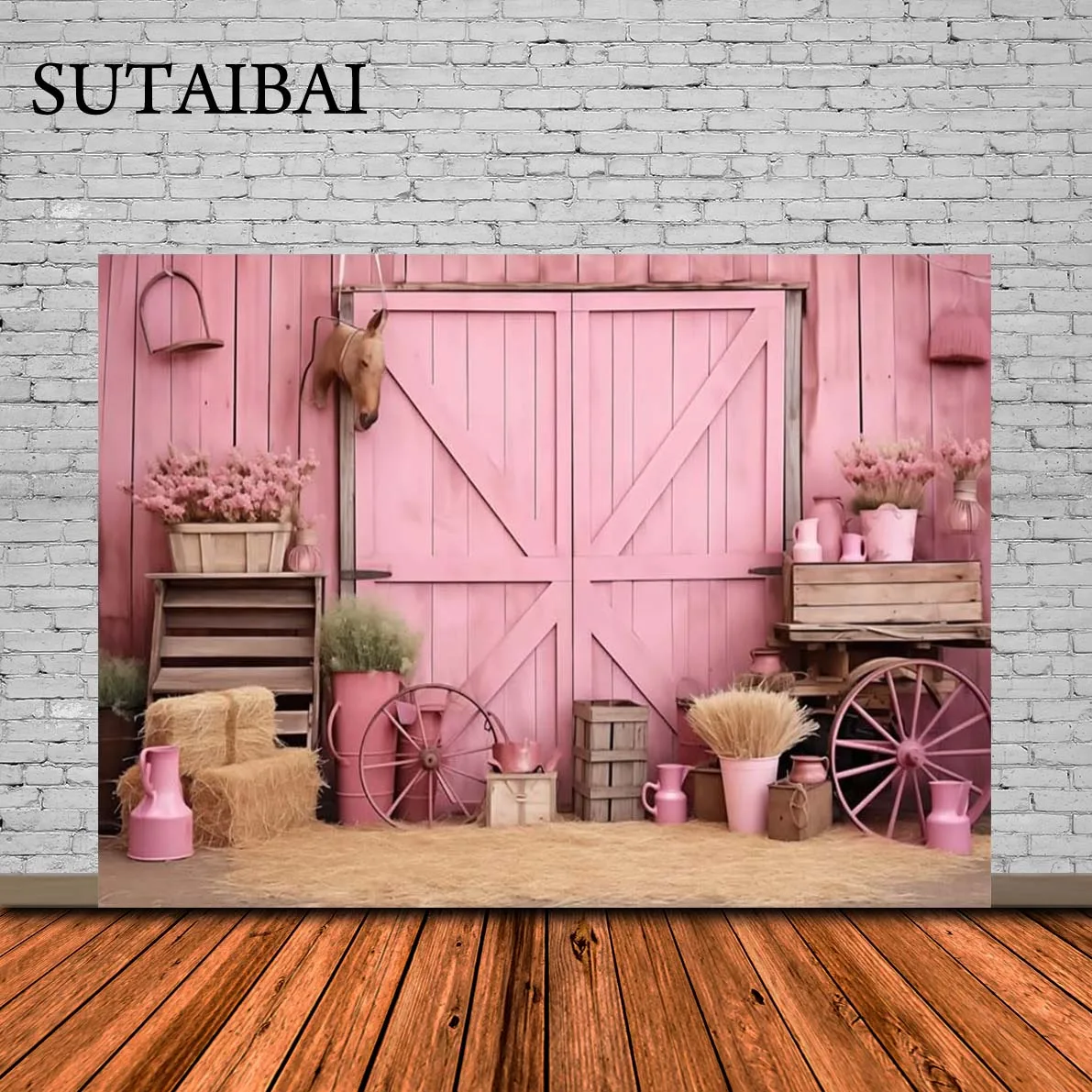 منزل خشبي ريفي خلفية الحظيرة لفتاة ، راية راعية البقر ، ديكور الحفلة الوردية ، حفلة عيد ميلاد ، استحمام الطفل