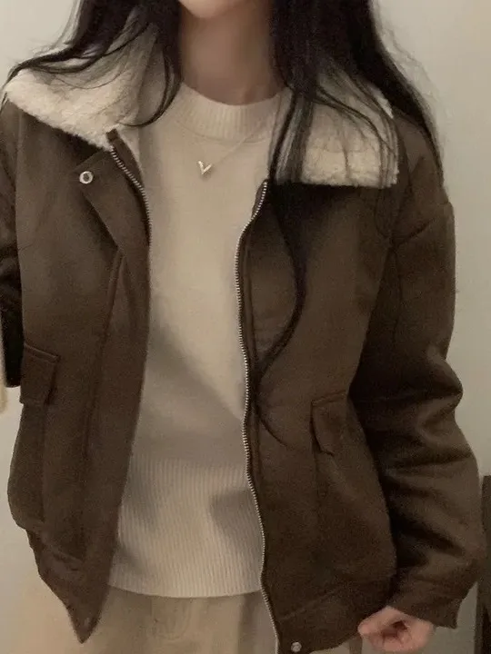 เสื้อโค้ทกันลมสไตล์เรโทรเกาหลีสำหรับผู้หญิง แขนยาว แต่งขนแกะที่ปกเสื้อ ดีไซน์หรูหรา เสื้อโค้ทฤดูหนาวสำหรับผู้หญิง