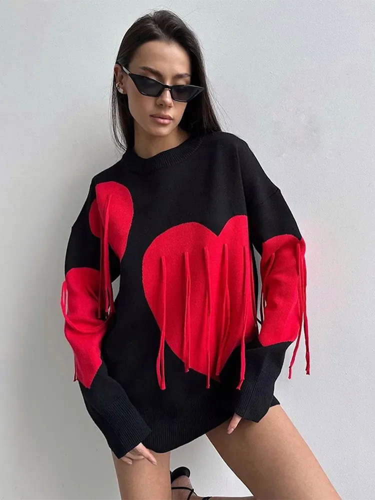 Women\'s Tassel Love Heart Printed O-neck Sweaters Casual Long Sleeved Loose Warm Pullover Autumn Winter High Street Commute Tops