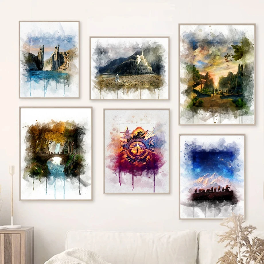 Ring Landscape Forest Castle Middle-Earth Splash Ink Watercolor Painting Fashion Wall Art Canvas Painting Nordic Poster Decor