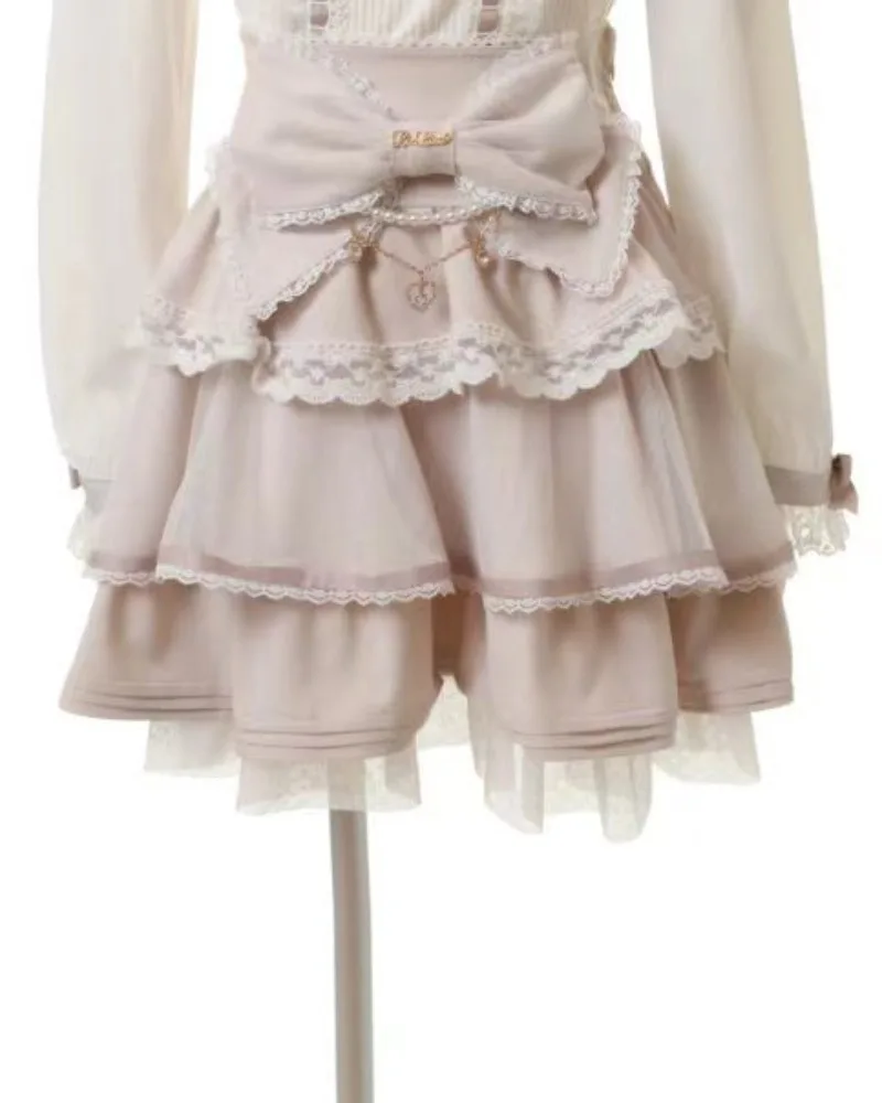 

Drawstring Lace Bow Slim Waist Women's Skirt Ball Gown Patchwork All-match New Skirts Japan Literary Exquisite Student Faldas