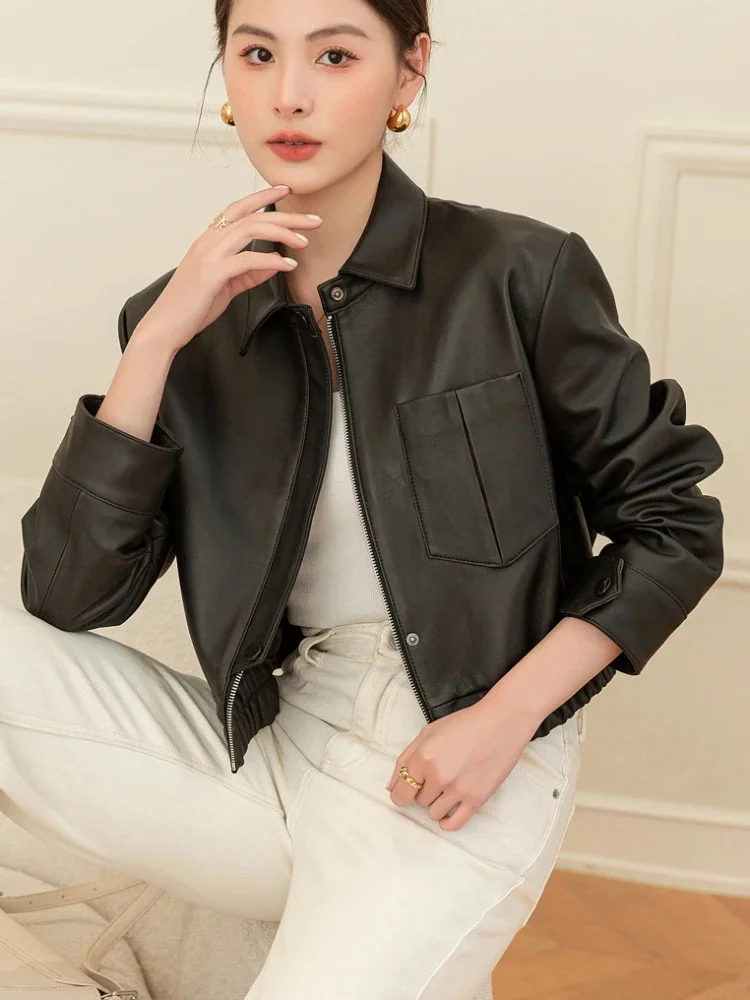 Lambskin Cropped Jacket for Women Spring Autumn 2024 Trend High-end Simple Casual Motorcycle Genuine Leather Coats