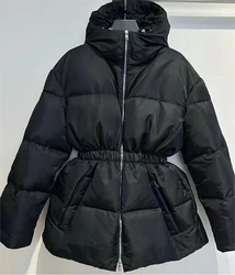 Solid Color Elastic Waist Long Sleeve Zipper Mid-Length Hooded Down Jacket Ant Waist Large Pockets Duck Down Warm Puffer Coat