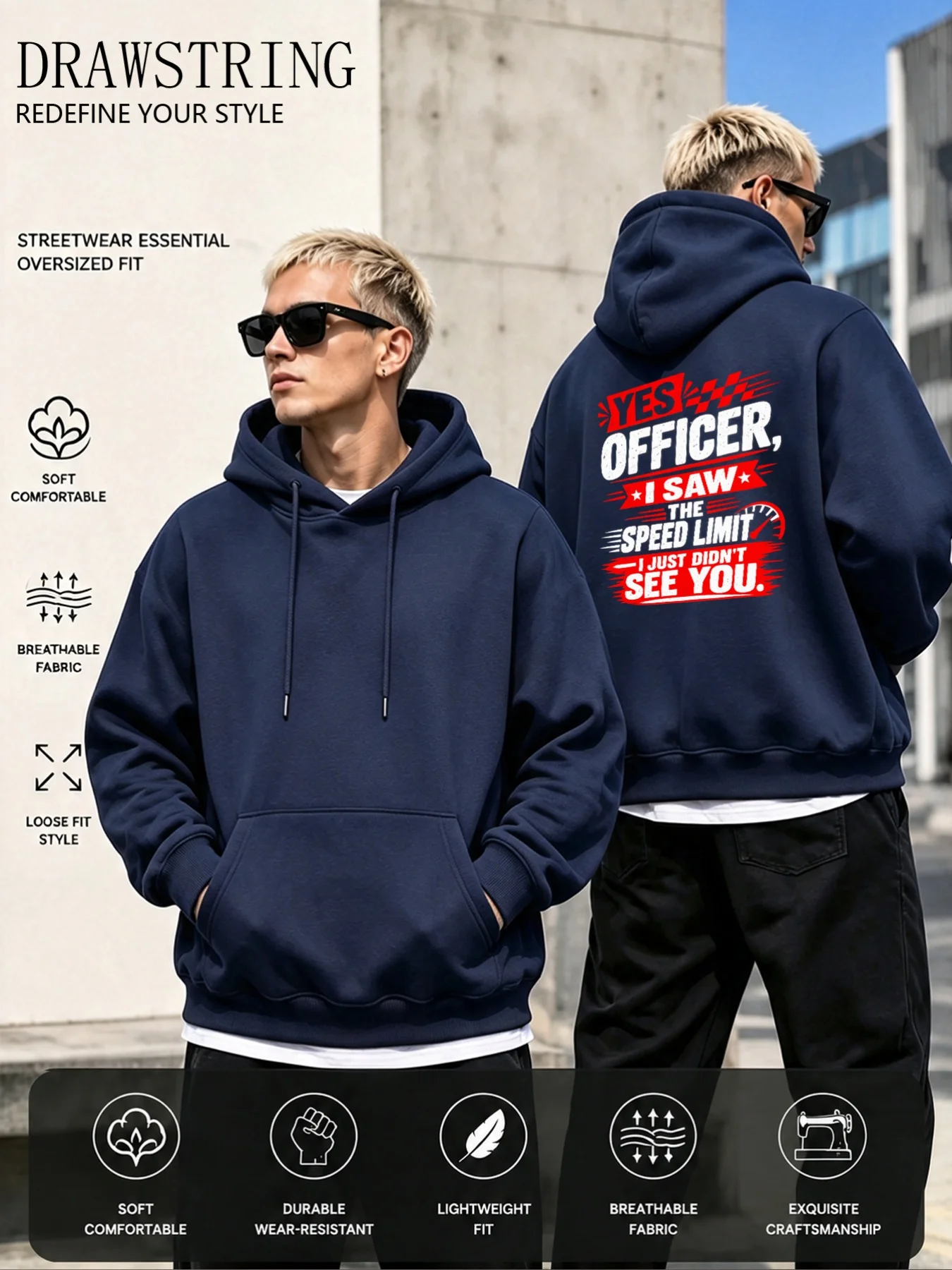 YES OFFIR Men's Stylish Hoodie – Autumn/Winter Casual Wear Featuring Humorous, Playful Traffic-Themed Speed ​​Limit Graphics