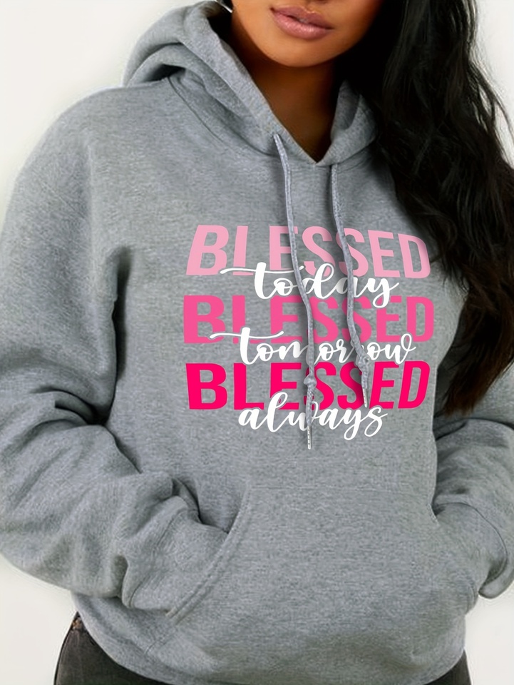 Blessed Letter Print Drawstring Hoodie Casual Long Sleeve Kangaroo Pocket Sweatshirt Fashion HipHop Sweatshirt Harajuku Unisex 