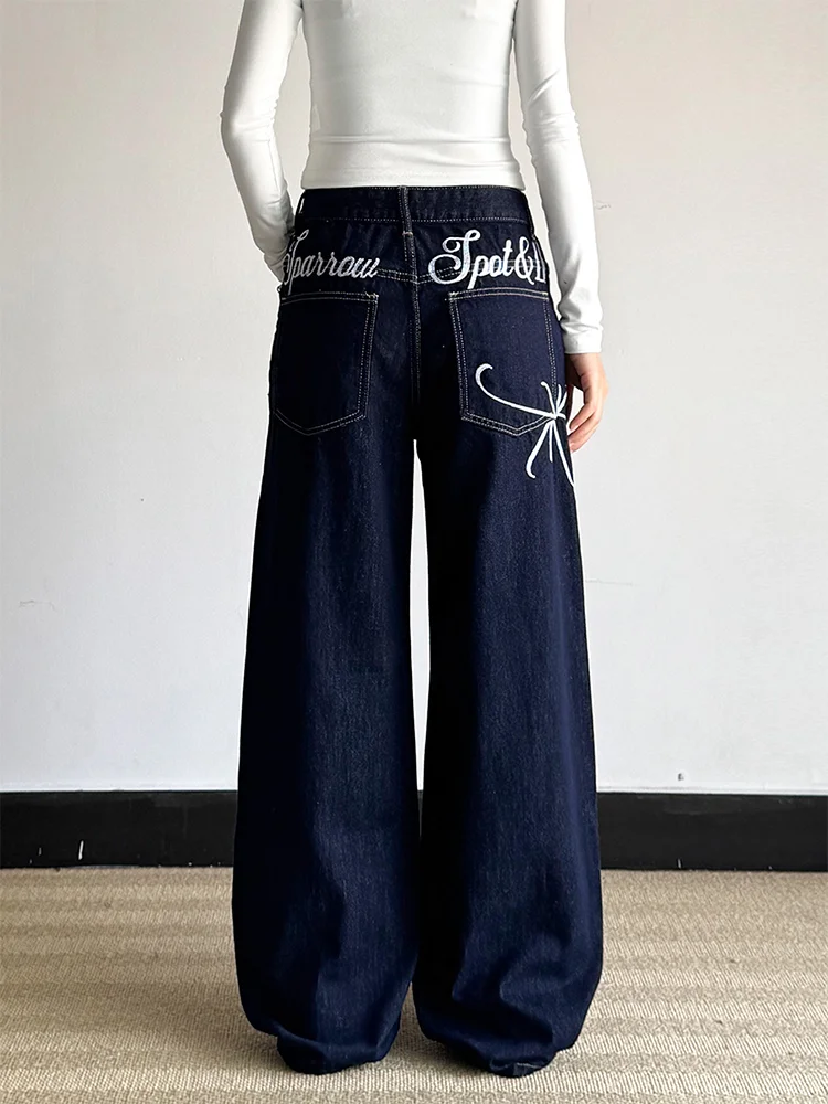 

High Waist Wide Leg Loose Fit Embroidered Washed Retro American Style Jeans Women's New plus Size Straight Cut Slimming Denim