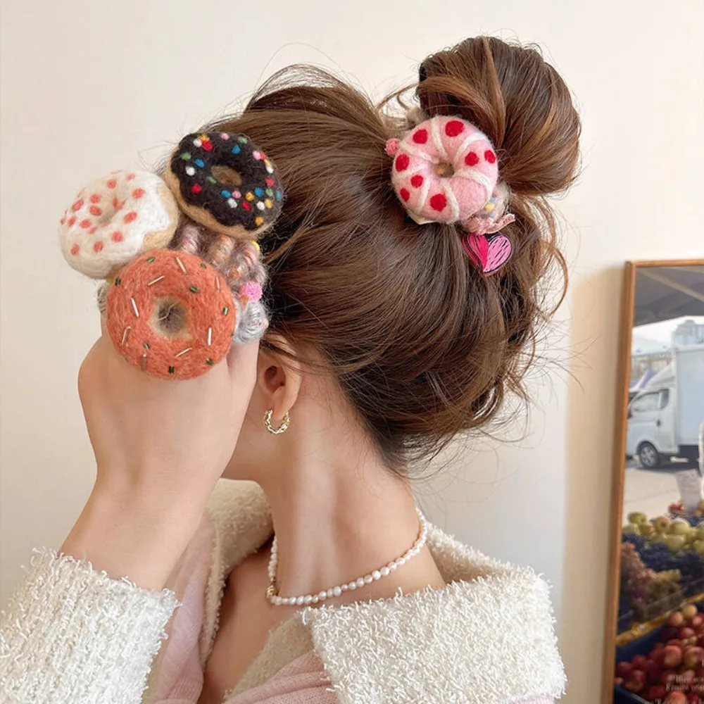 Línea telefónica de fieltro de lana, cuerda para el cabello, anillo para el cabello de Donut de felpa de plástico recto, soporte elástico para cola de caballo de galletas de estilo coreano