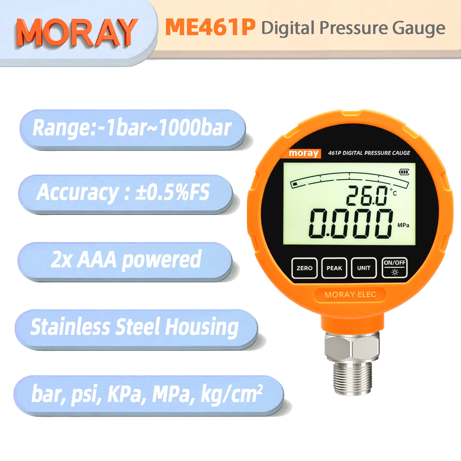 

ME461P High Precision LCD Display Oil Fuel Air Water Electronic Vacuum Meter Manometer Digital Pressure Gauges