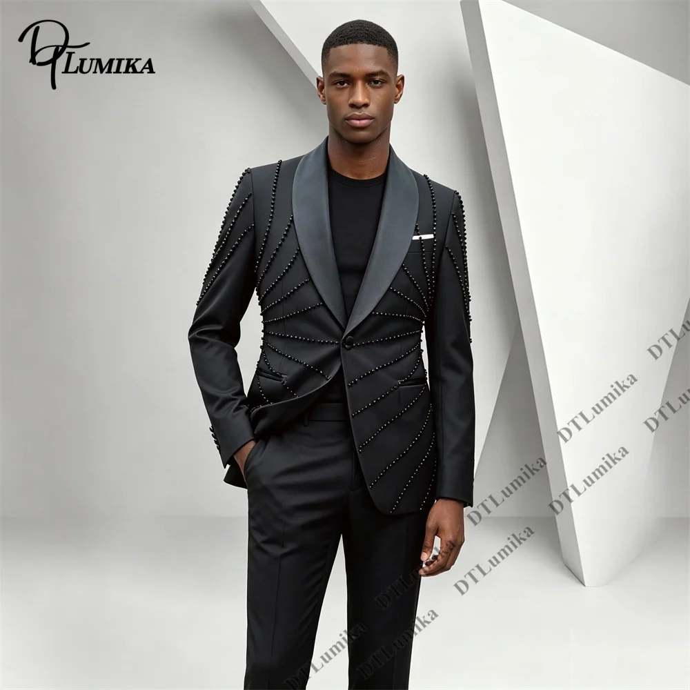 Men's 3 Piece Suit Beaded Line Pattern Blazer Pants Vest Shawl Lapel One Button Slim Fit Tuxedo Singer Stage Performance Prom