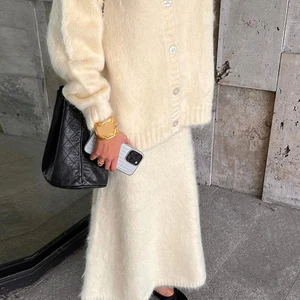 Set of 2 pieces of mohair skirt for women, knitted cardigan, V -collar, loose long skirts, female fashion, elegant, monochrome, autumn, party suits 10 Main Sales Women's Tricot Set - №5