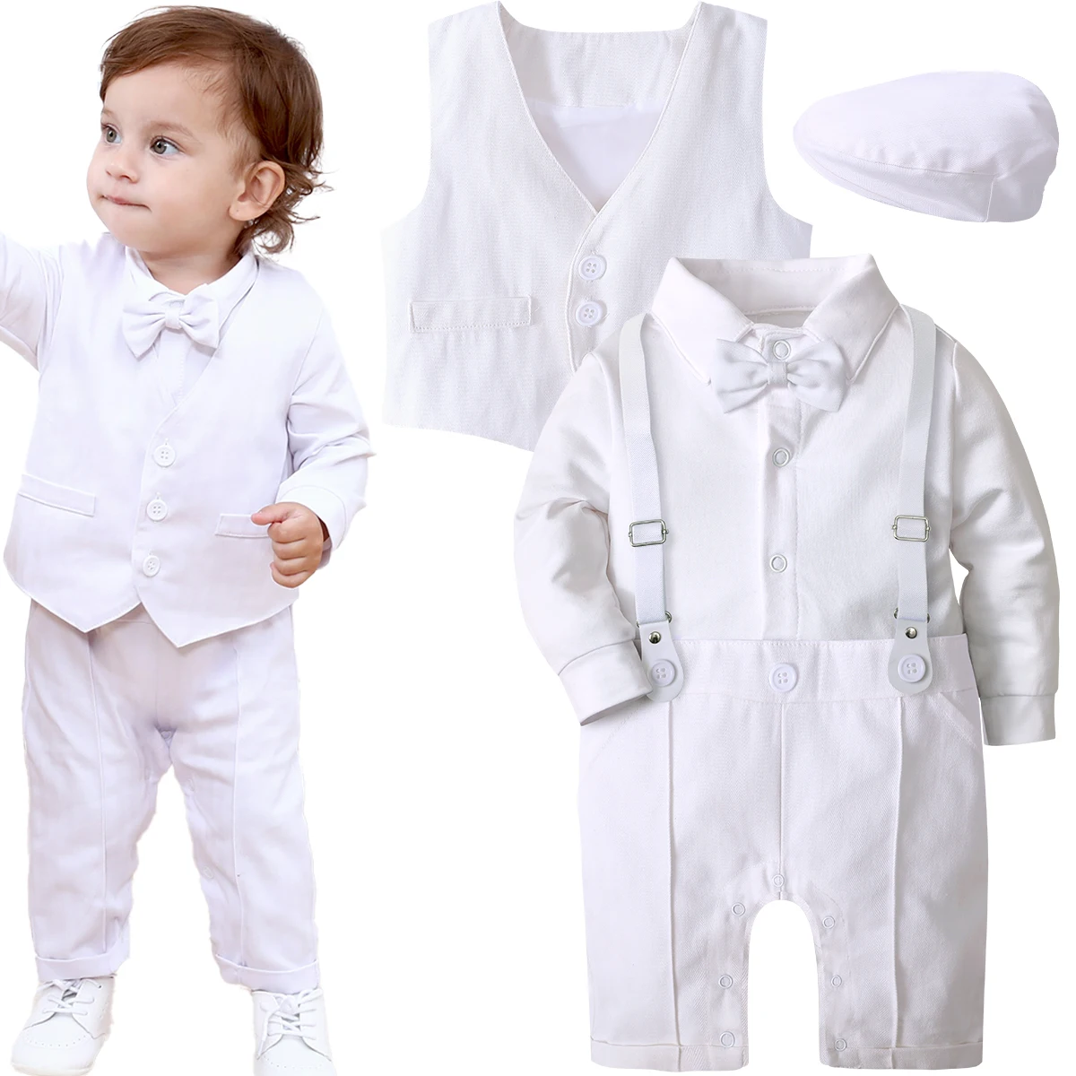 Baby Boy Baptism Suit Christening Outfit Easter Church Set Infant White Clothes Newborn Birthday Party Gift Formal Romper 3PCS