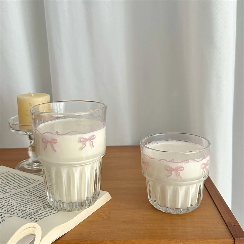 Kawaii Bowknot Glass Cup Aesthetic Cute korean Cups For Cold Hot Coffee Juice Wine Milk Drinking Glasses Ice Cream Dessert Cup