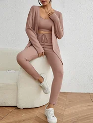 Fashionable solid color vest, long sleeved jacket with straps, casual sports pants set, women's clothing