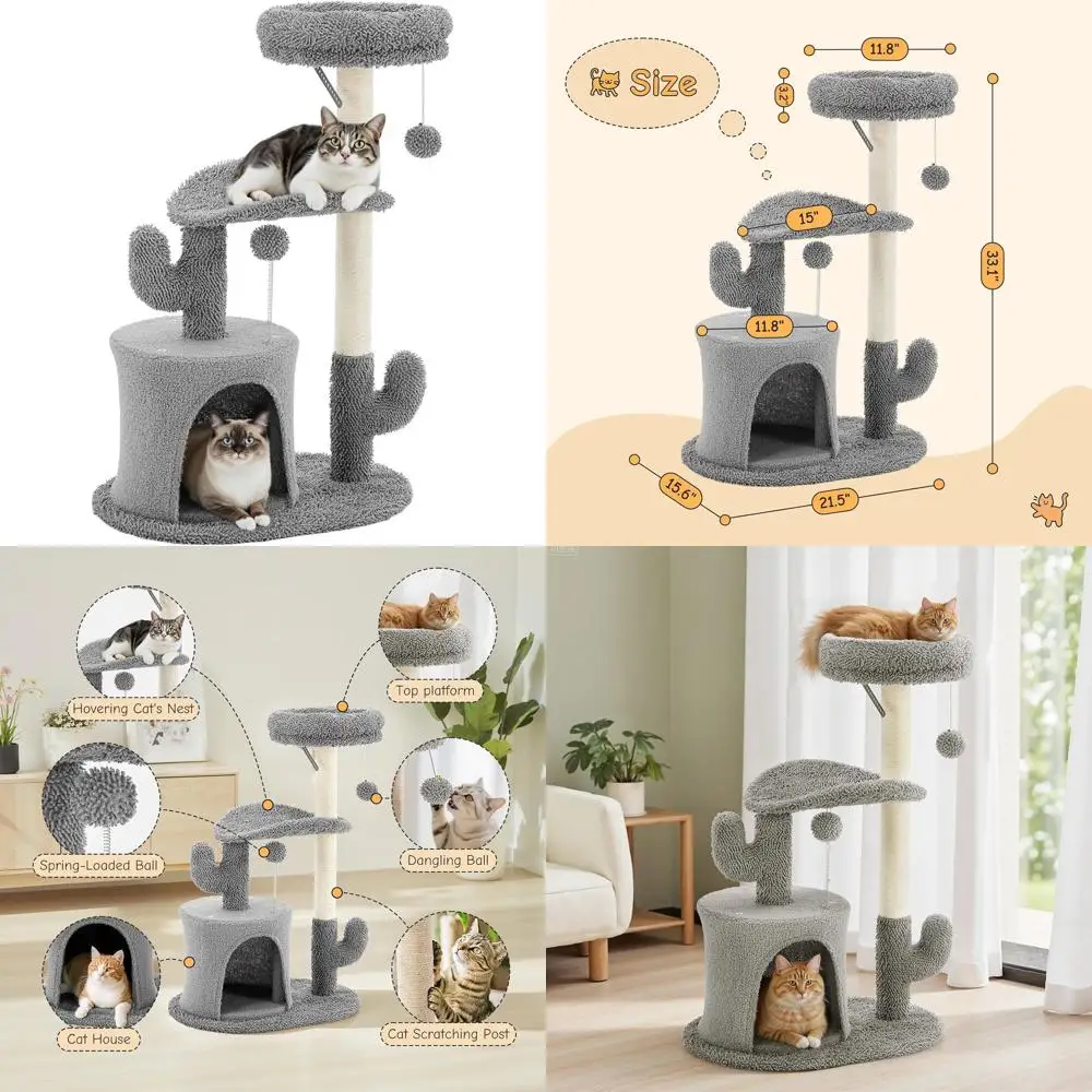 

Grey Indoor Cat Tree with Curved Bed and Scratching Post, Suitable for Small to Adult Cats