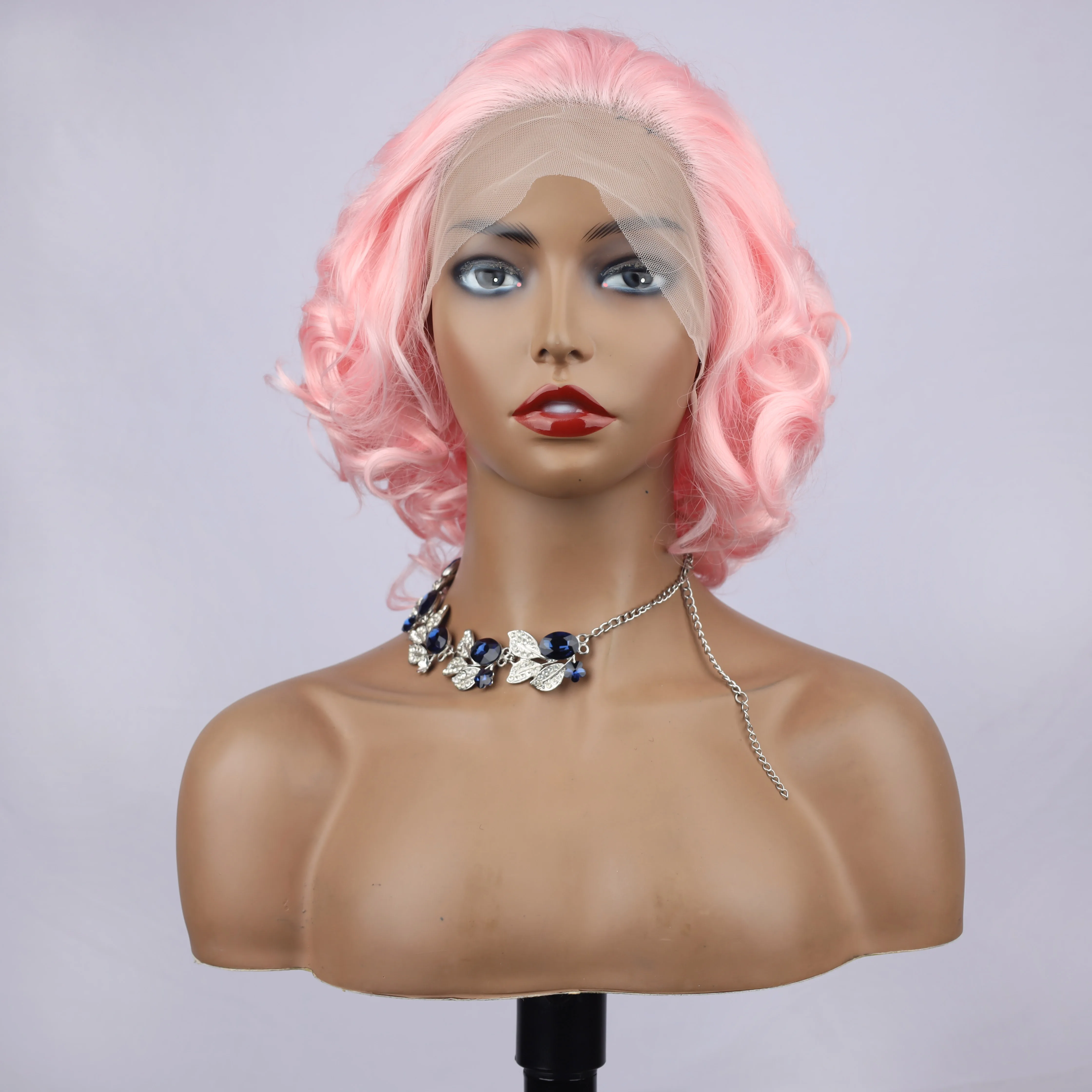 

oley Fashion Curly Wig Synthetic Lace Front Wigs Pink Colorful Female Lace Wig 13X3 For Black Women Cosplay Hair Daily Use