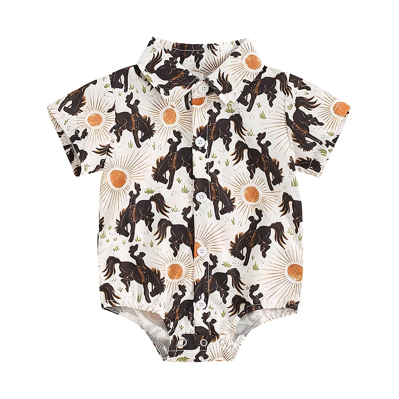 

Baby Boy Rompers Western Horse Print Turn-Down Collar Short Sleeve Infant Gentleman Bodysuits Summer Jumpsuits