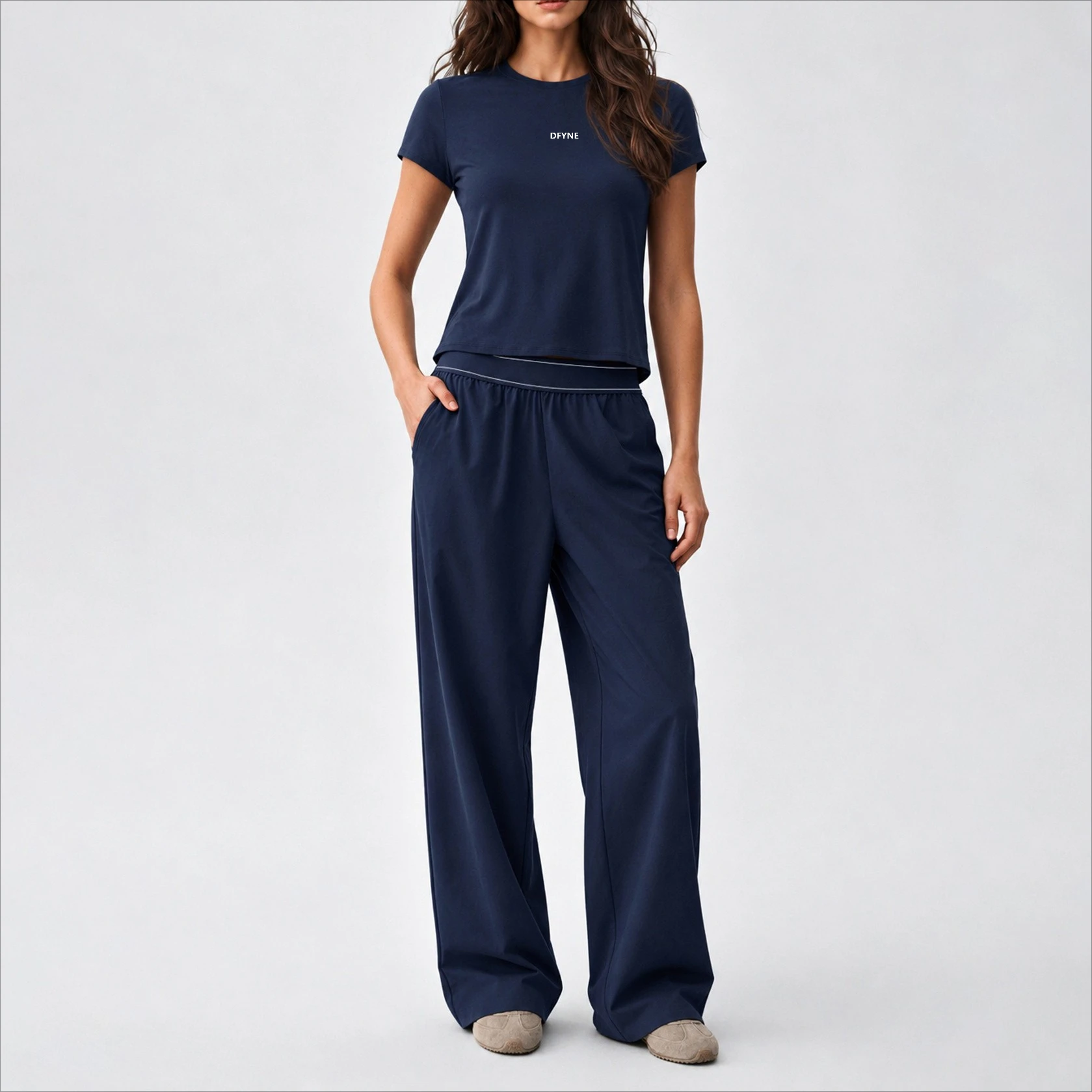 DFYNE Women 2 Piece Set Blue Short Sleeve Crop Top Wide Leg Pants Casual Lounge Wear Yoga Activewear Oversized Streetwear Outfit