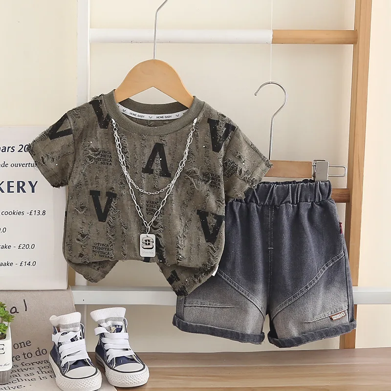 2026 New Summer Kids Boys 2pcs Clothing Set Distressed Letter Print T-shirt + Denim Shorts Toddler Baby Boy Fashion Outfits 1-5Y