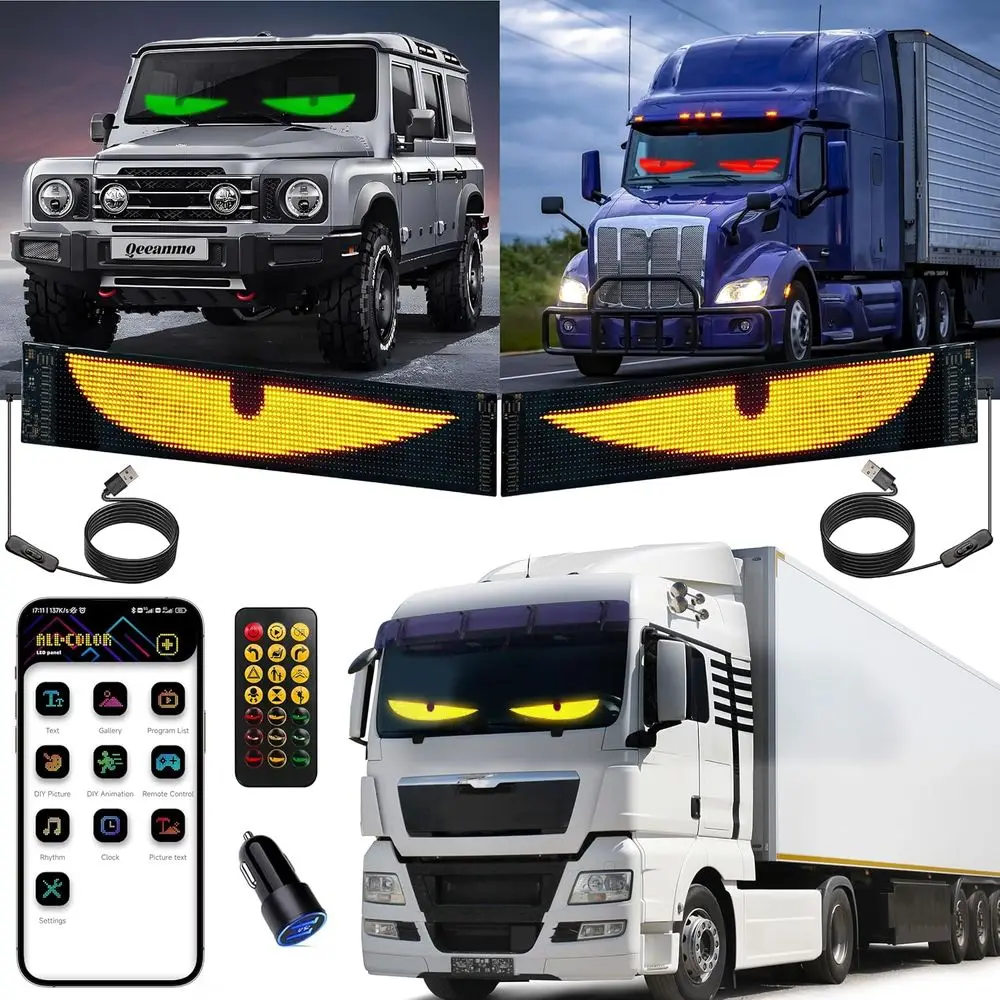 

Dual RGB LED Eyes with 23x5 Matrix Sign for Vehicle Windshield, Compatible with App & Remote Control, Ideal for Car, Truck, SUV