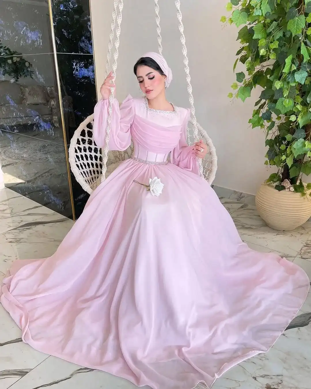 

Customized Graceful Chiffon A-Line Crystal Evening Dress Temperament Long Sleeves Square Neck Floor Length Celebrity Gowns