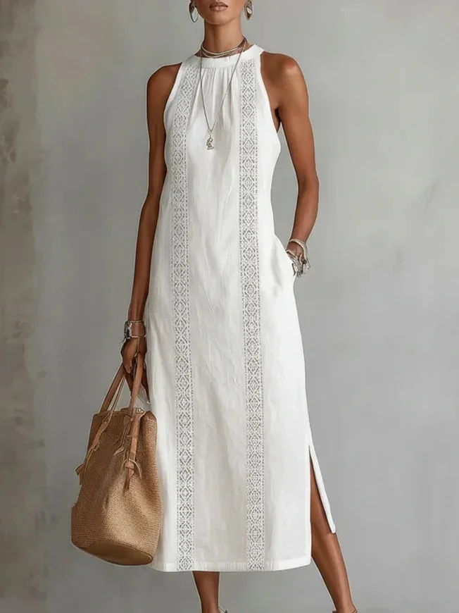 Vestido Halter de Color Sólido para Mujer, Sin Mangas, con Abertura Lateral, Bolsillo Trasero y Abertura en la Espalda, Estilo Boho Casual, para Vacaciones de Verano y Playa