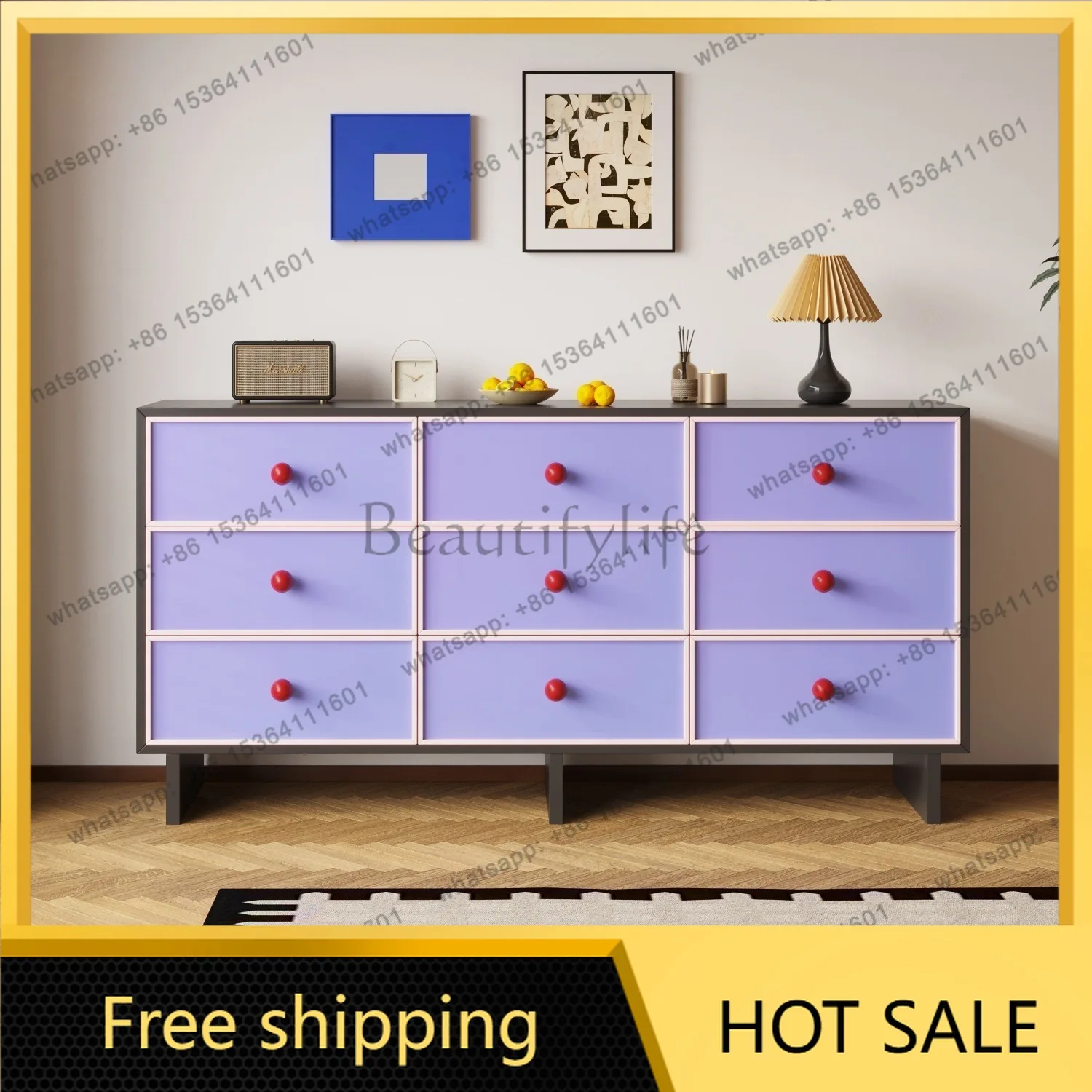YJ French retro nine-chest cabinet color matching solid wood side cabinet entrance living room storage drawer cabinet six matte