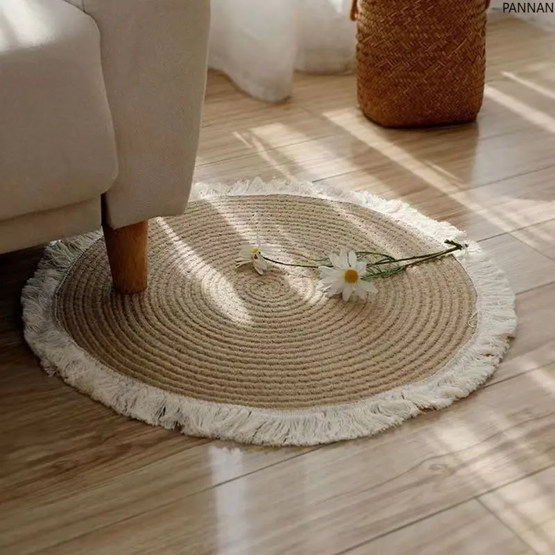 

Woven fringed floor mat cotton and linen carpet home decoration study coffee table bedroom living room decoration