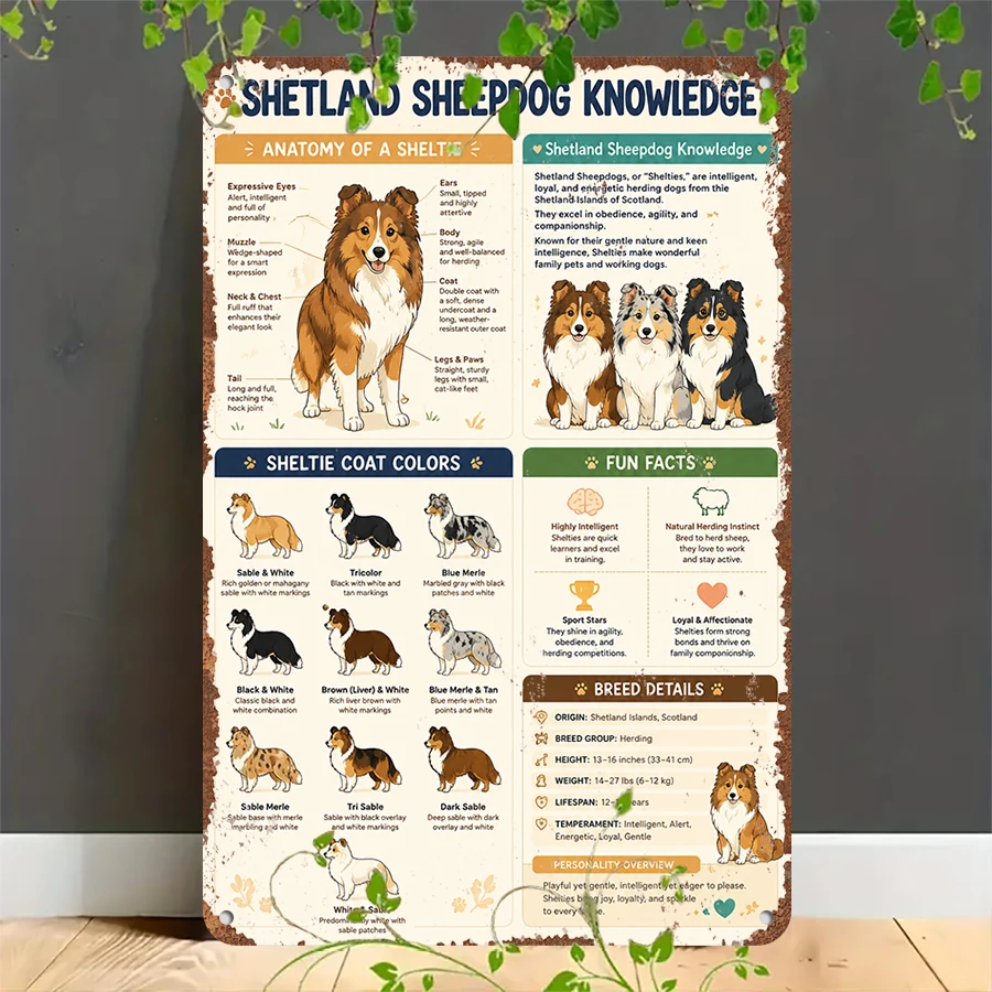 2D flat retro metal tin plate,  Shetland Sheepdog Knowledge Tin Sign, Suitable for home, garage, café, bar and garden decoration