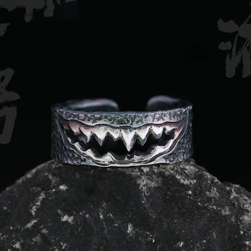 Retro Abyss Demon Mouth Ring Hip Hop Rock Men and Women Jewelry Charm Ancient Silver Color Popular Punk Rings Adjustable