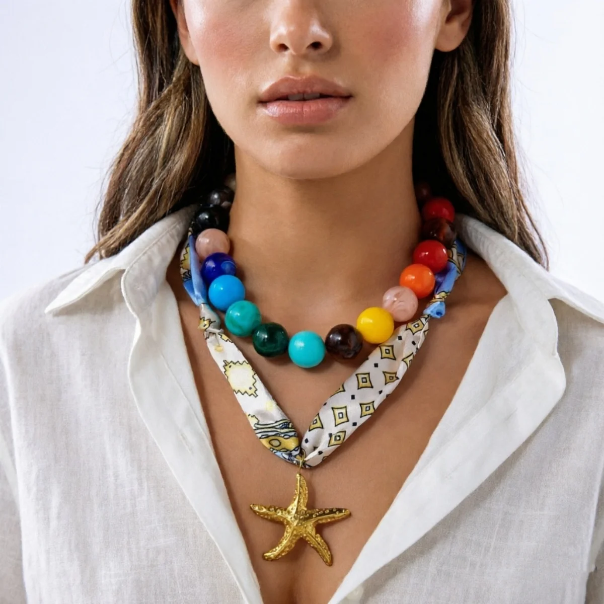 Bunter Acryl-Rundperlen-Schal mit Aufdruck, Seestern-Halskette für Frauen, Doppelschichtiger Edelstahl-Stern-Choker-Schmuck – Detail 16