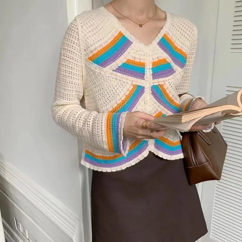 Chato mel chato mel arco-íris ondulado listras cor combinando babados camiseta fino cardigan casaco curto nova idade-reduzindo camisola