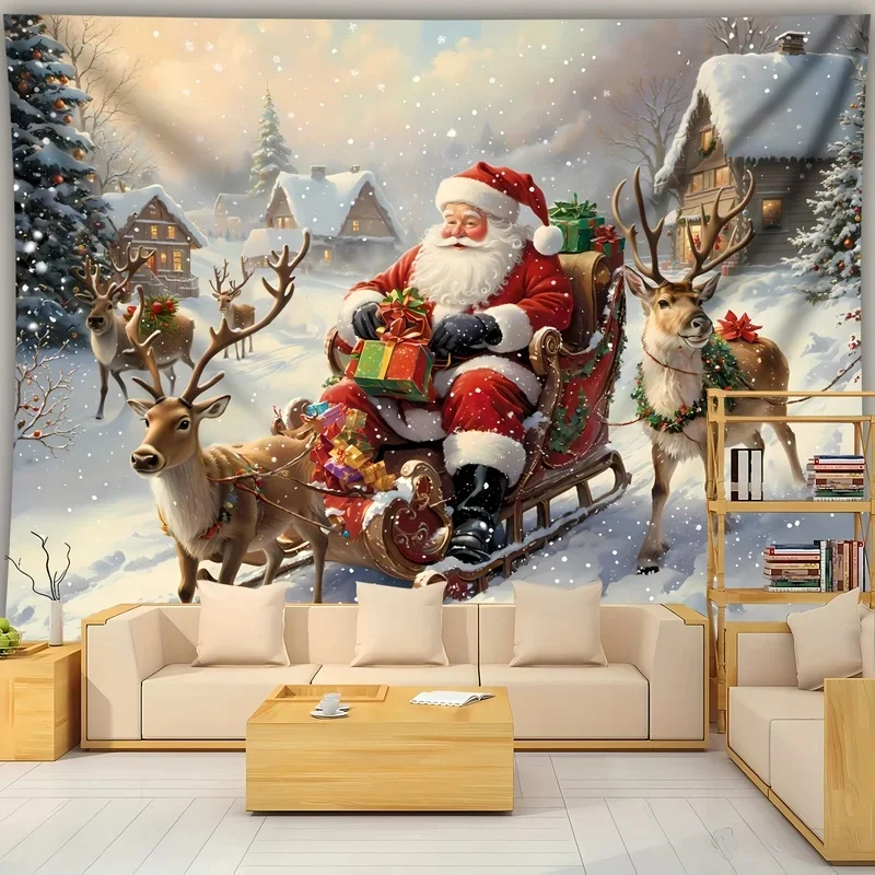VIKAMA Winter Snow Wall Hanging Santa Sleigh Reindeer Gift Box Cabin Tree Tapestry for Christmas Aesthetic Bedroom Background Wa