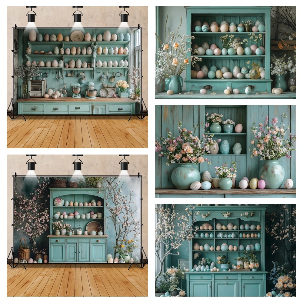 

Easter Cupboard Backdrop Easter Rabbit Colorful Eggs Flower Baby Kids Birthday Party Room Interior Decor Photography Backgrounds