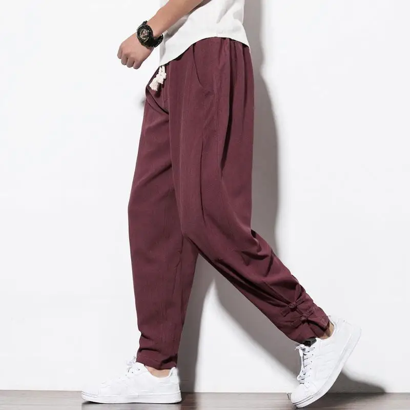 

Loose Cotton Linen Monastery Pants for Men And Women Summer Busin Casual Long Trousers with kets Pure Color Harlan Pants