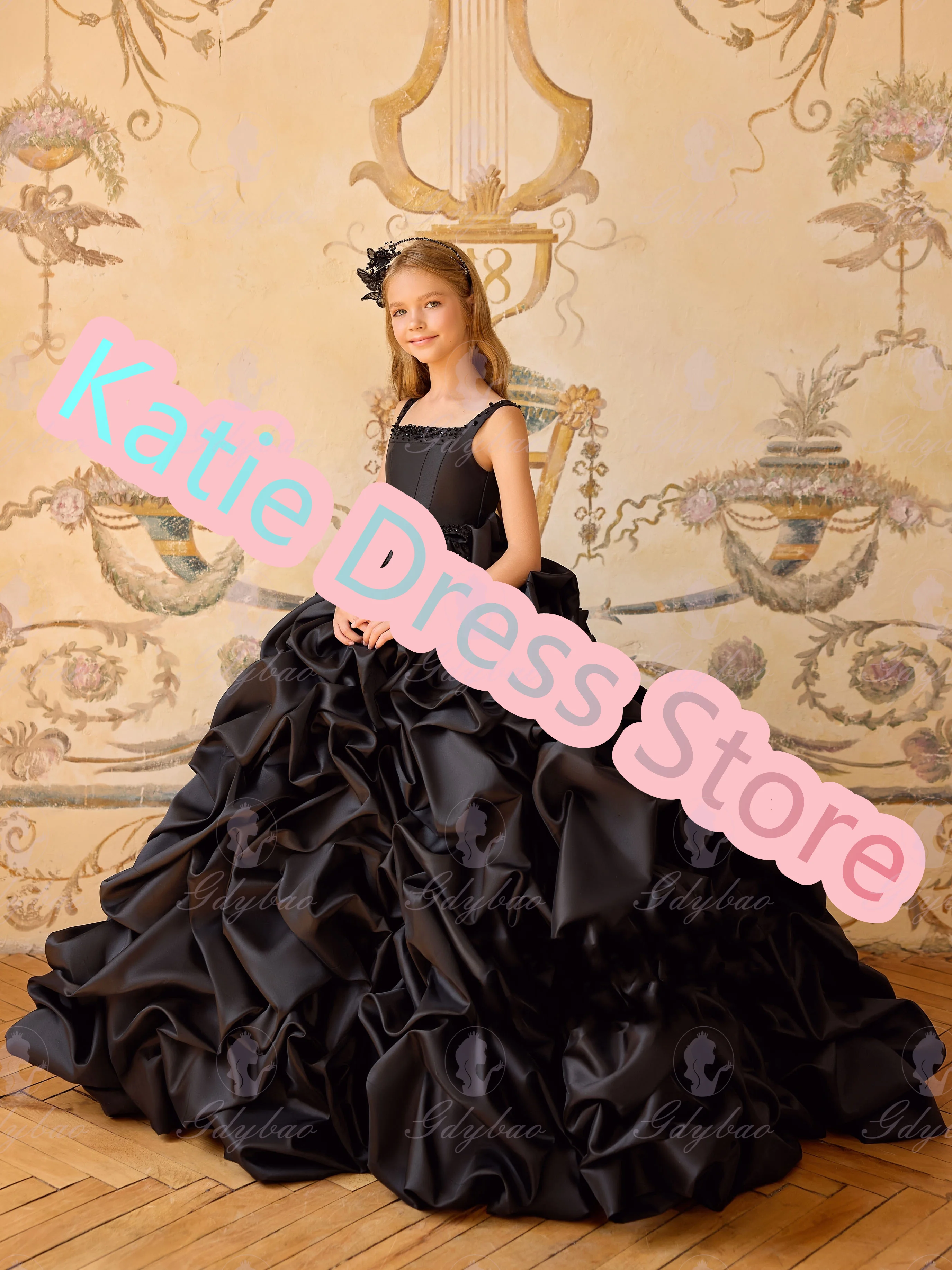 

Черное атласное платье с цветочным узором для девочек на свадьбу, пышное детское бальное платье без рукавов с бисером на день рождения, для первого причастия по индивидуальному заказу