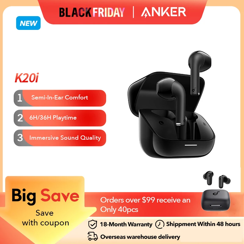 Soundcore K20i by Anker Semi-in-Ear Earbuds Earphone Bluetooth 36H Wireless Bluetooth Headphones Wireless Bluetooth Earphones