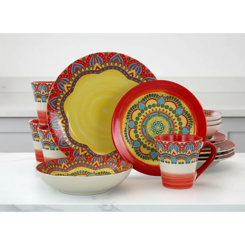 

Red Multicolor Mandala Pattern Stoneware Dinnerware Set, 16 Piece for 4 People