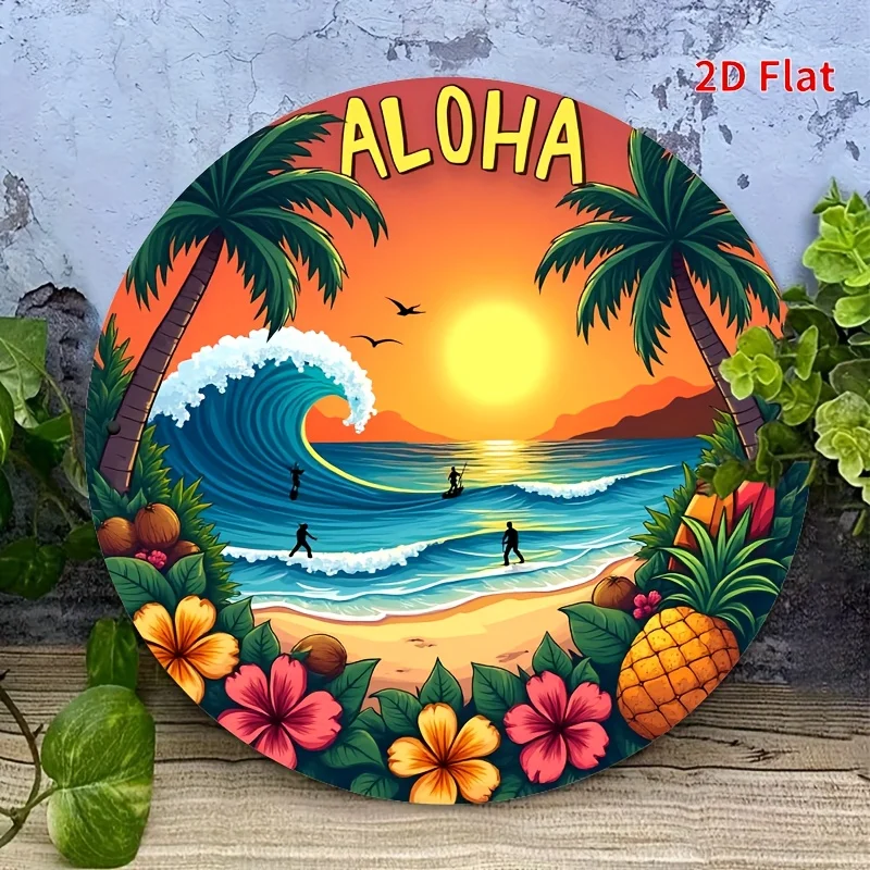 2D Flat, [2D Flat] 1pc Vintage Metal Tin Sign, Palm Wave Surfer, Tropical Fruits Surrounding - Aluminum 20X20 Water-proof, Dust-