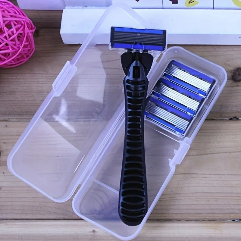 1Holder+4 Blades+1Box Travel Set 6-Layers Safety Razor Shaver Cassette Shaving Razor Set Men's Blue Body Face Hair Removal Knife