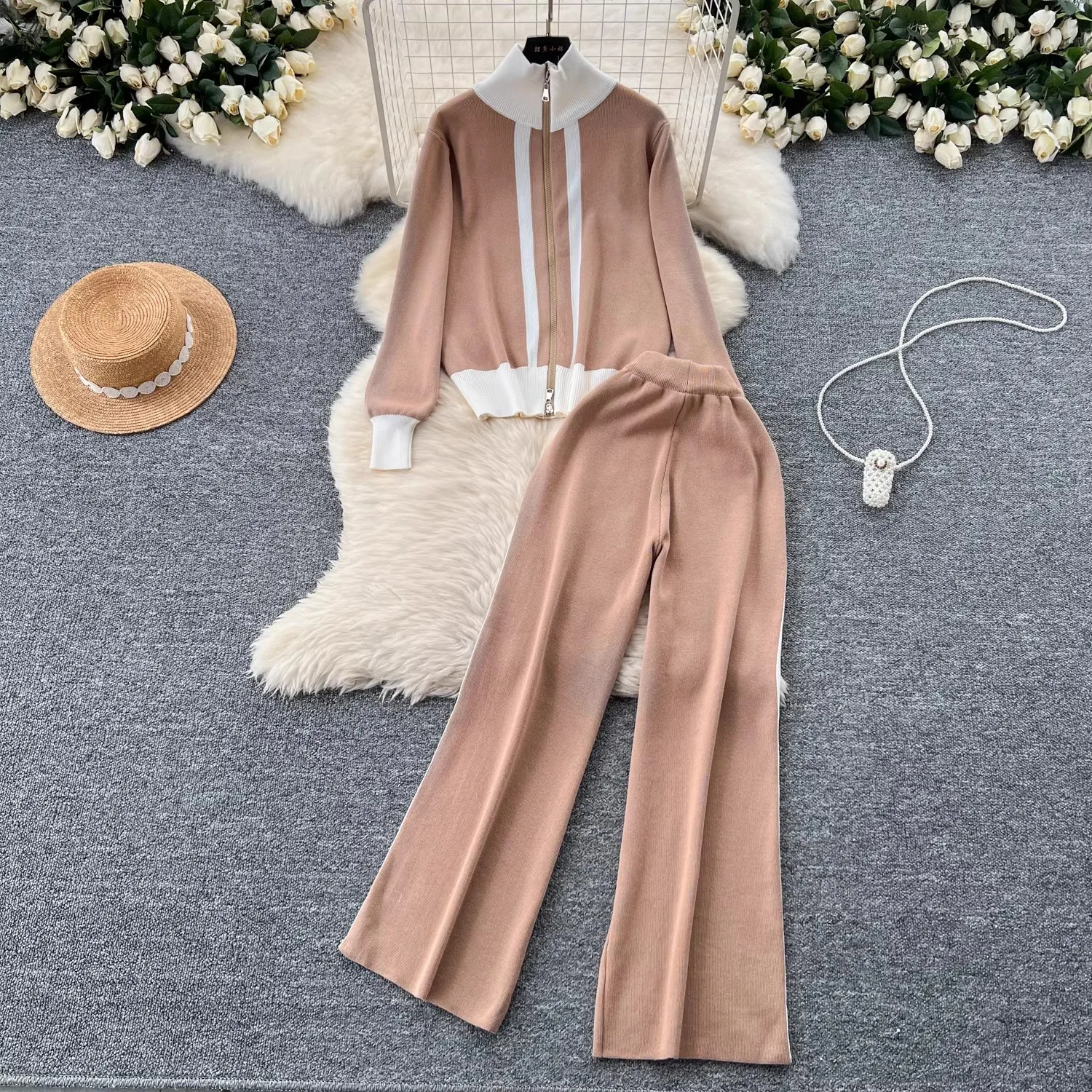 

Fashion Sweater Coat Casual Trousers Two-Piece Set Stand Collar Zipper Long Sleeve Sweater + Casual Pants Suit