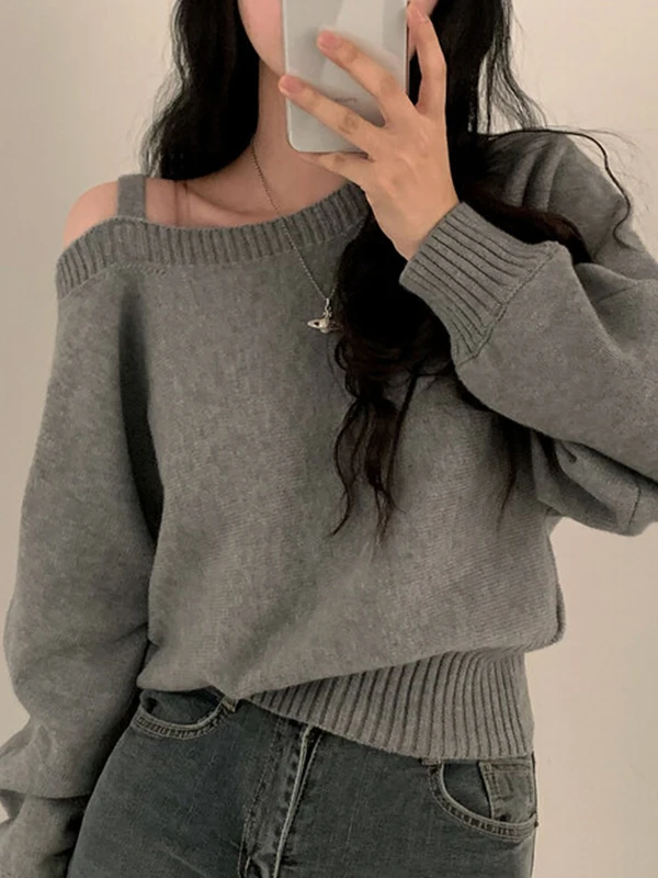 Korean Style Knitted Shoulder Bared Sweater Women's Base Layer Top Short Design Sensation Autumn New Fashion Casual Wear