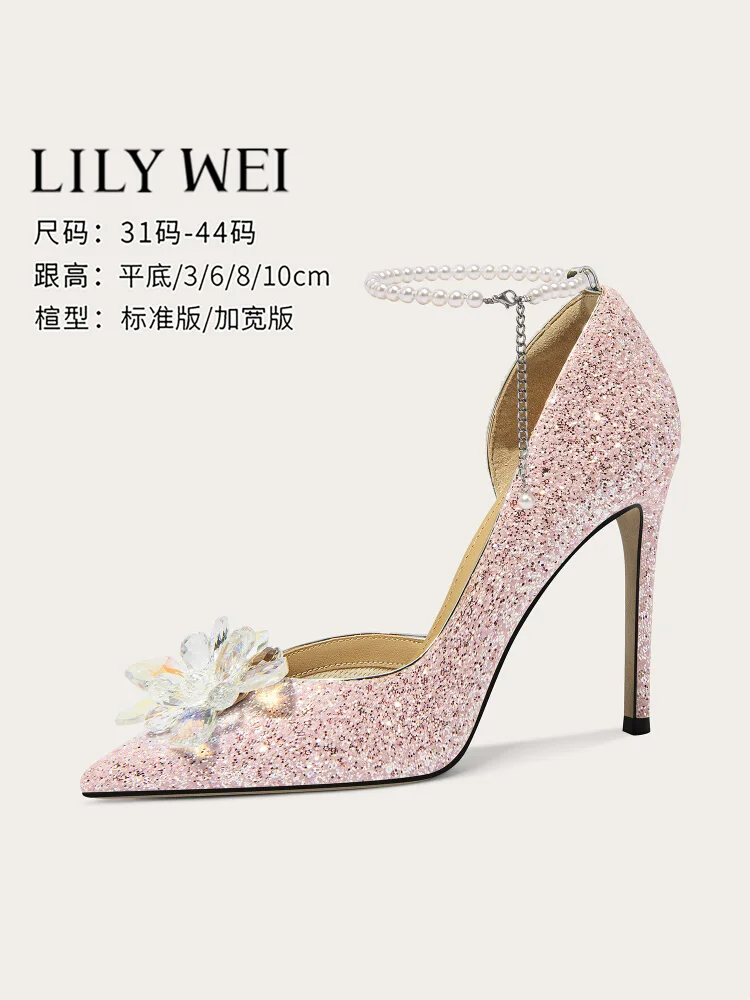 

Spring new pointed toe rhinestone pearl bow flat wedding shoes thin high-heeled banquet large size small size women's sandals