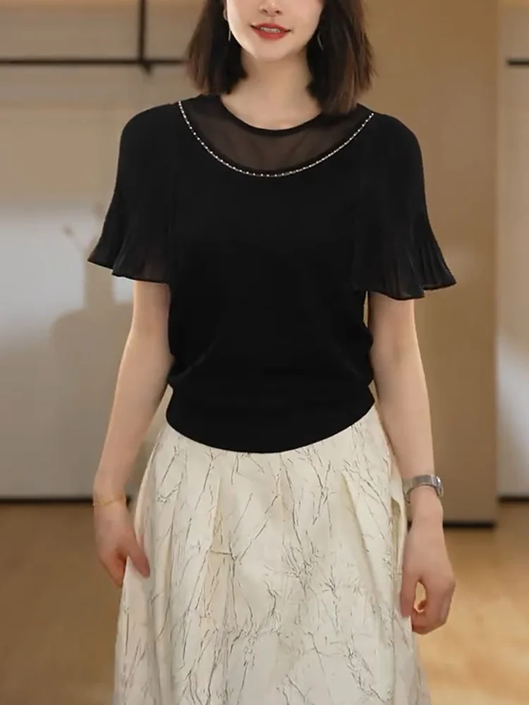 

Летний облегающий топ-футболка 2025 года в стиле французского кэжуал для полных женщин, модный, универсальный...