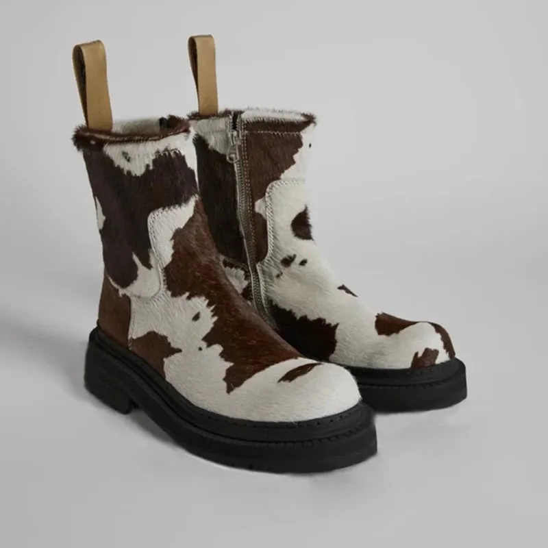 Fashion Milk Horsehair Ankle Boots Round Toe Woman Chelsea Booties Low Chunky Heel Femme Boots