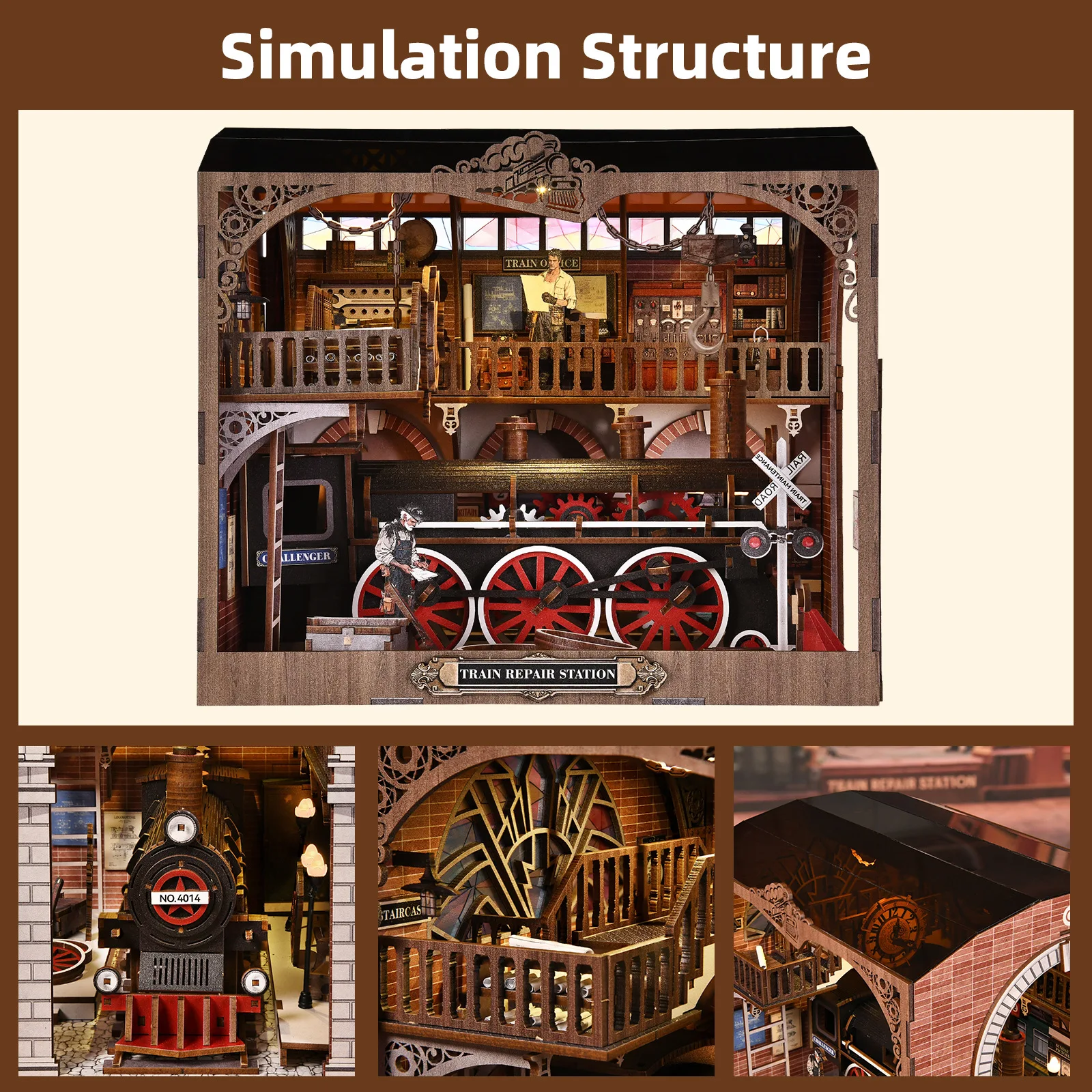 Zugreparaturstation DIY Cottage Modellhaus Mobiler Zug handmontierter Buchständer aus Holz Ornament Baustein Geschenk