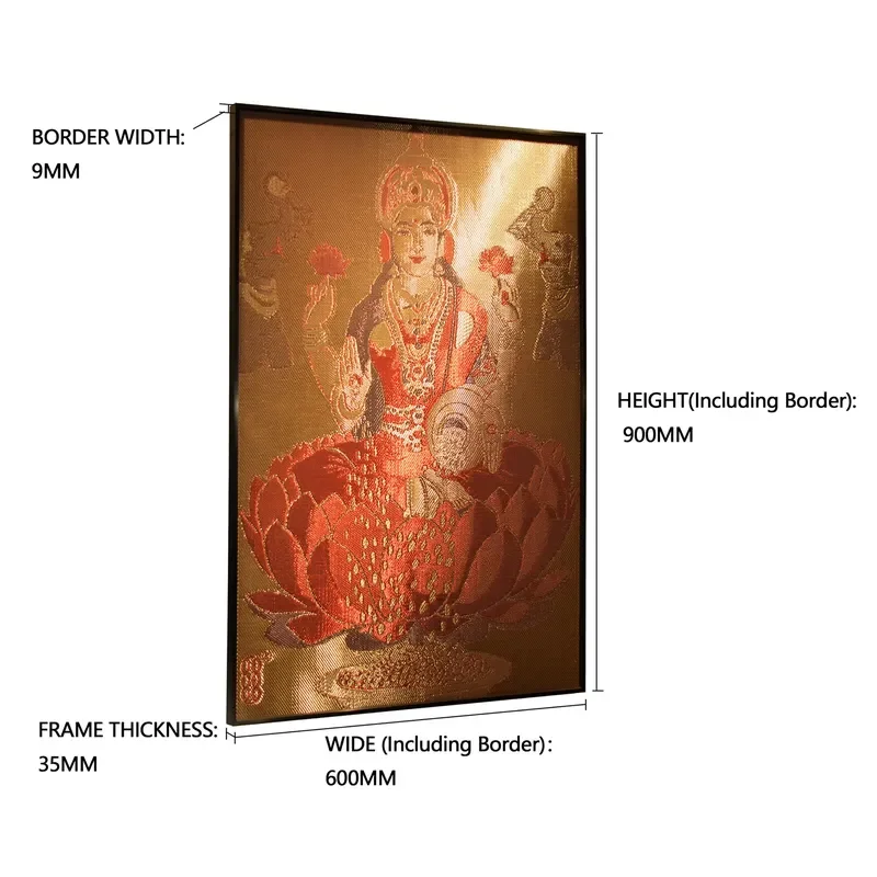 SL-Luxury Gold Metallic Thread Woven Vertical Modern Portrait Lakshmi Framed Hanging Wall Art Home Decor
