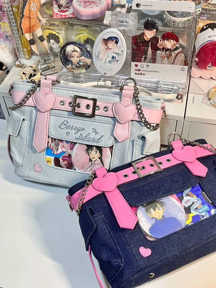 Original Design Punk Style Love Chain Denim Shoulder Bags Female Casual Large Capacity Square Handbags Totes