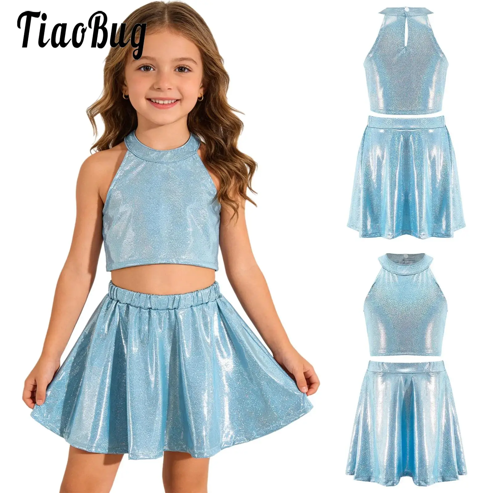 

Kids Girls Metallic Dance Cheerleading Chorus Outfit Sleeveless Vest And Tutu Skirt Modern Jazz Street Dance Performance Costume