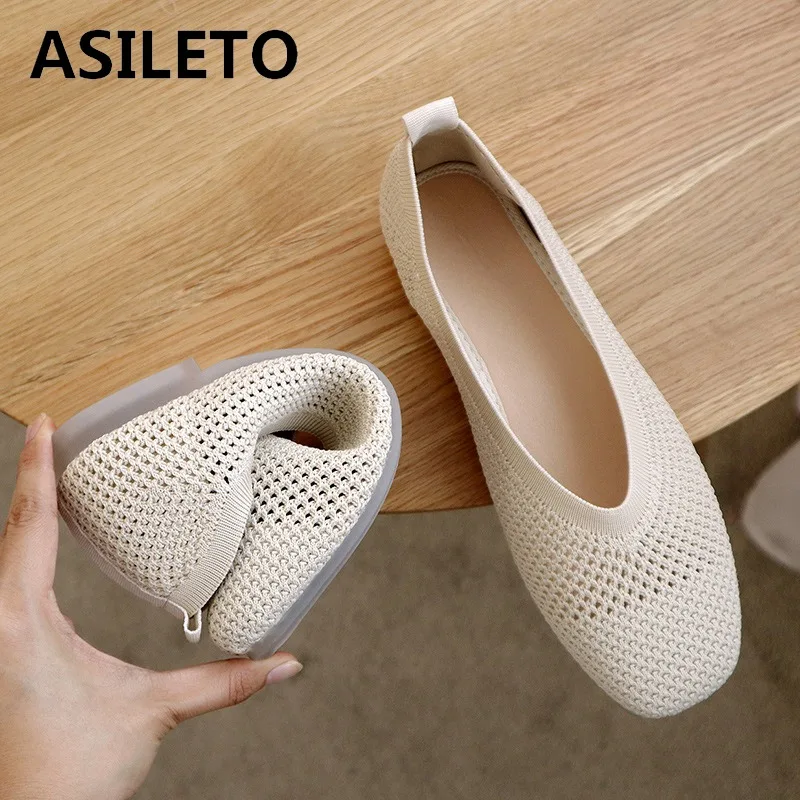 Women Flats Ballet Breathable Knitted V Square Toe Moccasins Thick Heels Mixed Color Flat Ballerina Pregnant Stretchy Loafers 40