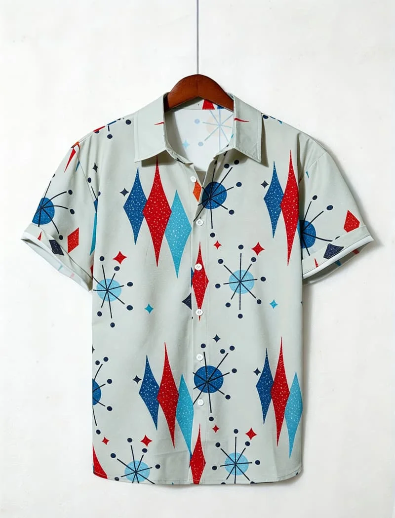 Men's Casual Short Sleeved Lapel shirt,  eye-catching Pattern Injects A Vintage Cool Feeling Into The outfit,